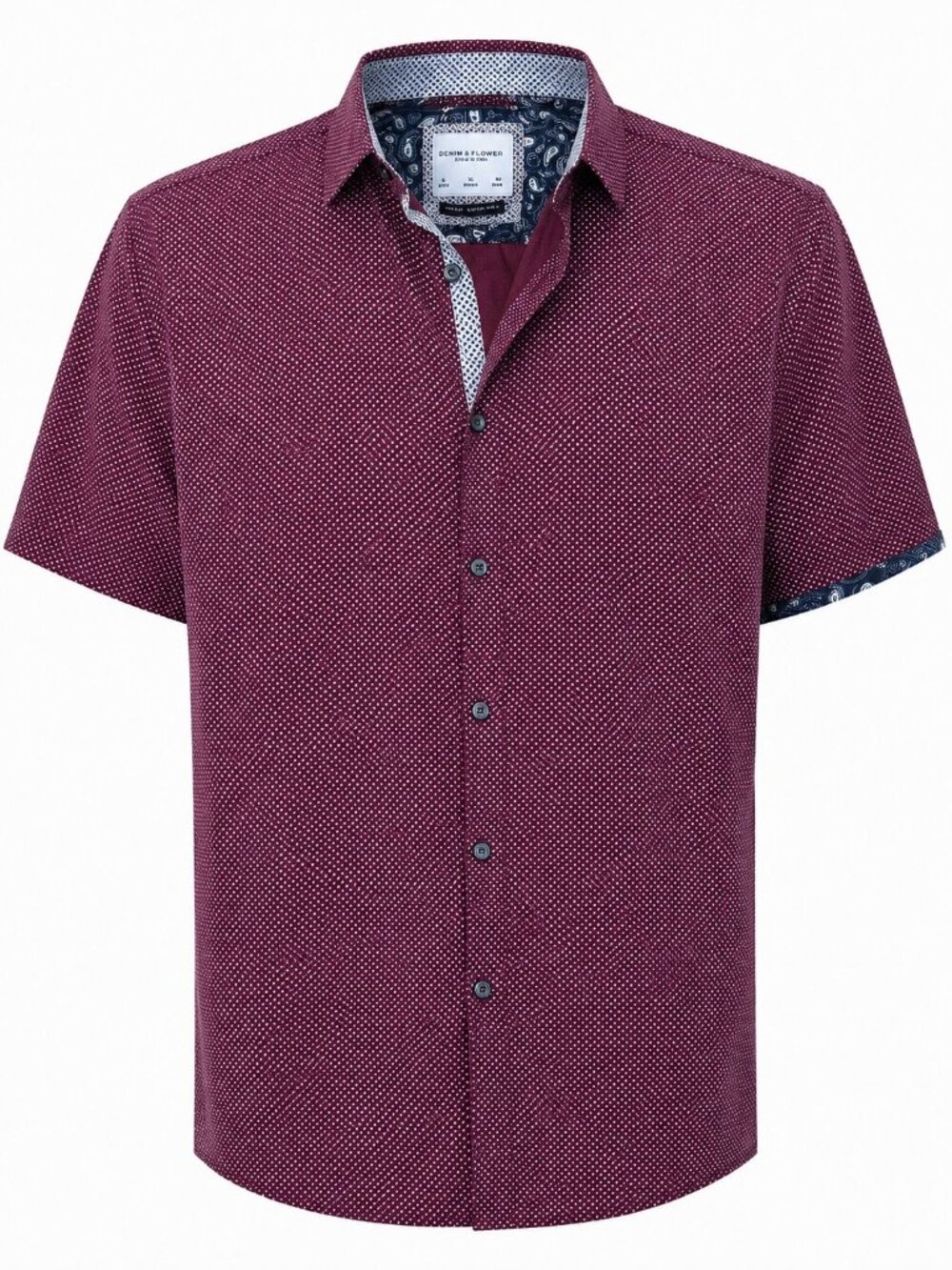 Denim & Flower Burgundy Short Sleeve Button-Up Shirt Polka Dot Print 100% Cotton